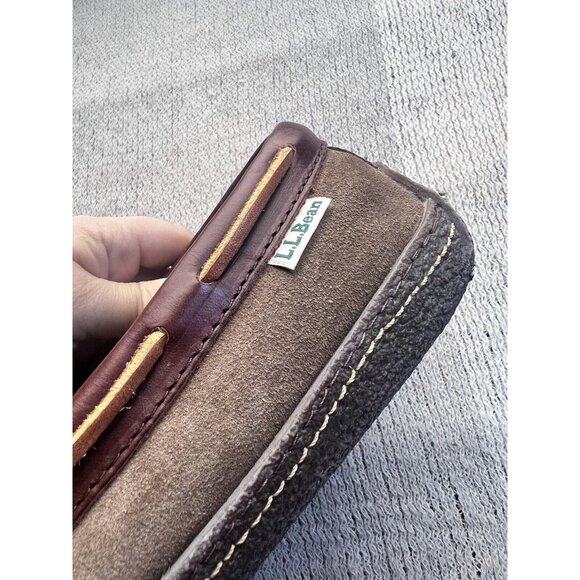 L.L Bean Mens SZ 9 Medium Handsewn Slippers Flannel Lined Tan Slip On Leather - Picture 11 of 12